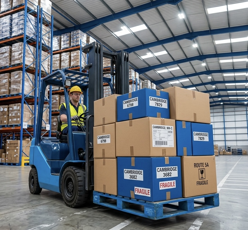 Forklift driver transporting Cambridge-labelled freight inside a distribution centre